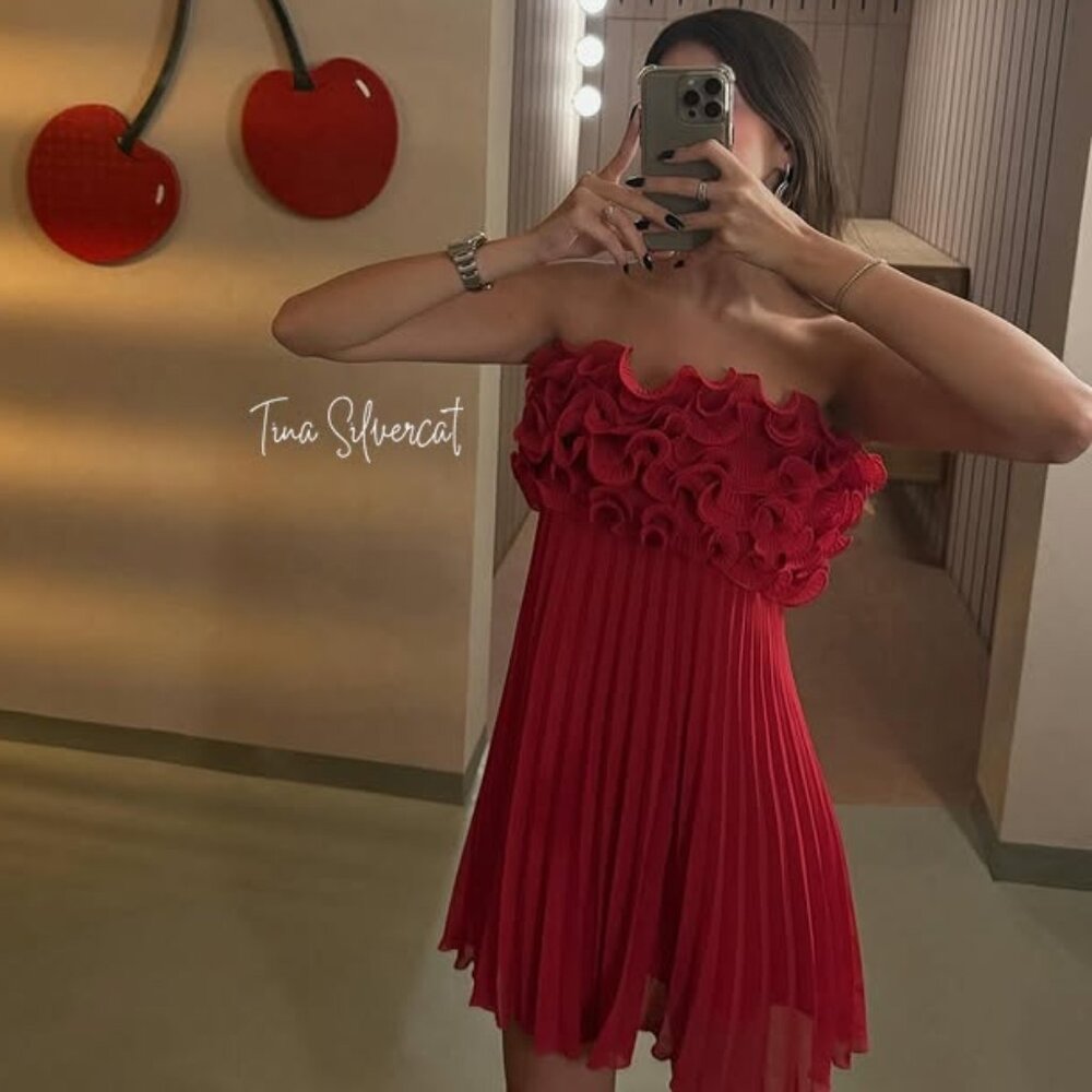 BLOGGER'S FAVE! Zara Pleated Ruffle Mini Dress Red NWT - Picture 14 of 16
